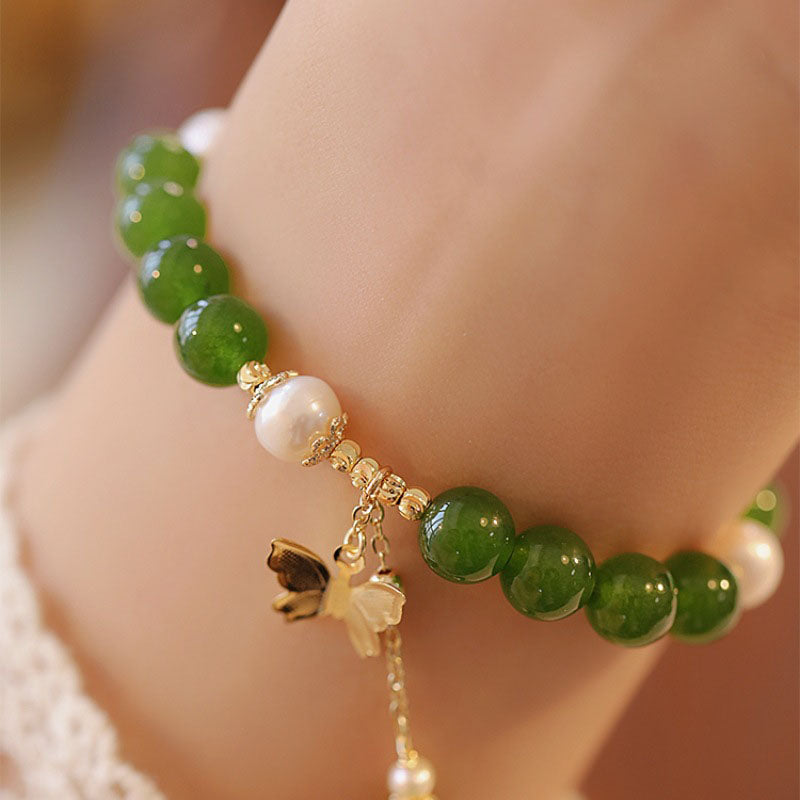 Buddha Stones Natuurlijke groene chalcedoon parel vlinder moed kracht Armband - image 3