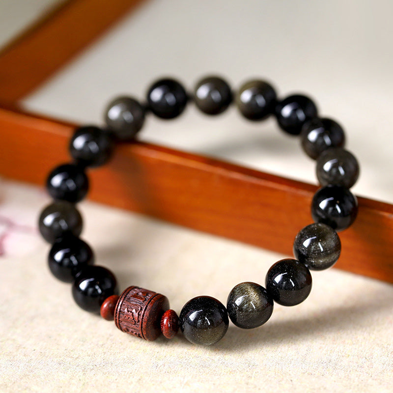 Buddha Stones Natuurlijke goudkleurige obsidiaan regenboogobsidiaan Om Mani Padme Hum Fu karakter helende Armband - 10mm gouden glans obsidiaan & Om Mani Padme Hum (Polsomtrek 14-16 cm) - image 0