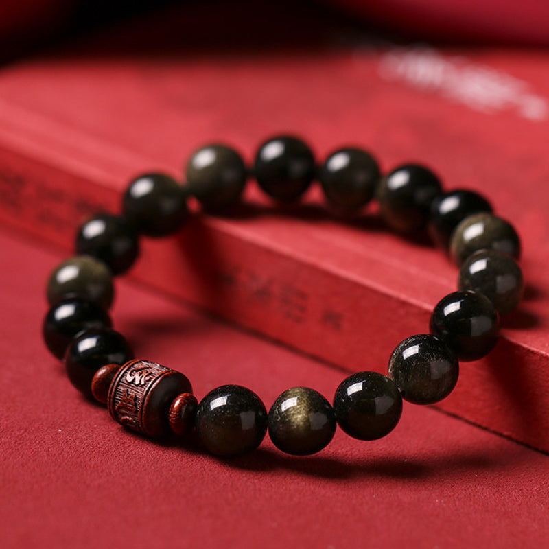 Buddha Stones Natuurlijke goudkleurige obsidiaan regenboogobsidiaan Om Mani Padme Hum Fu karakter helende Armband - image 1