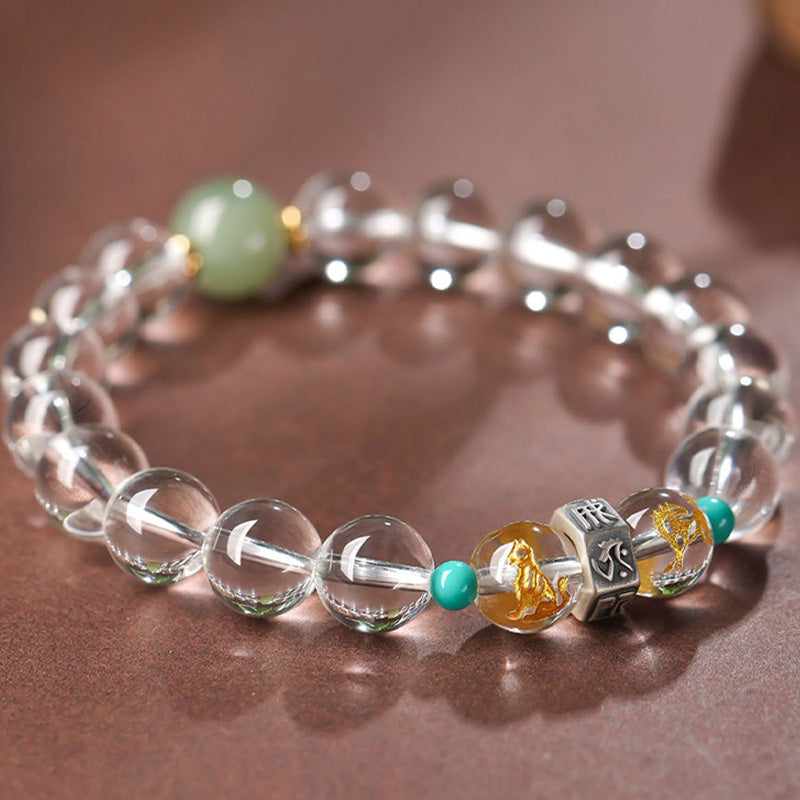 Buddha Stones 925 Sterling Zilveren Chinese Dierenriem Geboorte Boeddha Gelukbrengende Groepen Witte Kristal Hetian Jade Helende Armband - Gelukbrengende groepen voor het varken: Varken/Konijn/Geit - 12mm(Polsomtrek 14-16 cm) - image 1