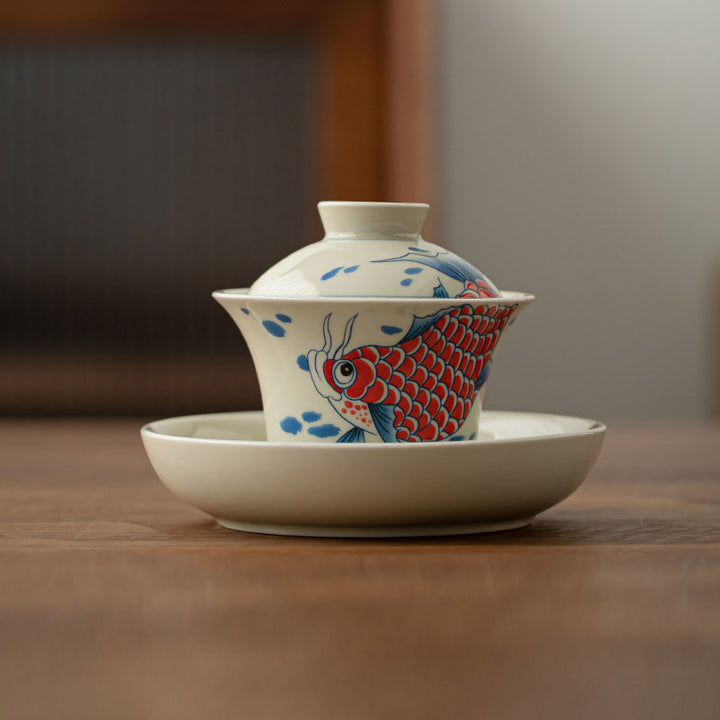 Buddha Stones Keramische Gaiwan Sancai Theekopje met deksel (koivis, arowana) - image 2