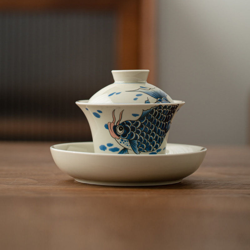 Buddha Stones Keramische Gaiwan Sancai Theekopje met deksel (koivis, arowana) - Blauwe koivis Gaiwan theekopje 13,5 cm * 9,7 cm * 130 ml - image 16