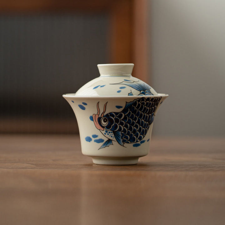 Buddha Stones Keramische Gaiwan Sancai Theekopje met deksel (koivis, arowana) - Blauwe koi-visbeker 9,5 cm * 8,8 cm * 130 ml - image 29