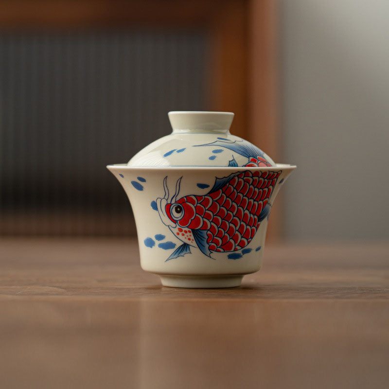 Buddha Stones Keramische Gaiwan Sancai Theekopje met deksel (koivis, arowana) - Rode koi-visbeker 9,5 cm * 8,8 cm * 130 ml - image 25