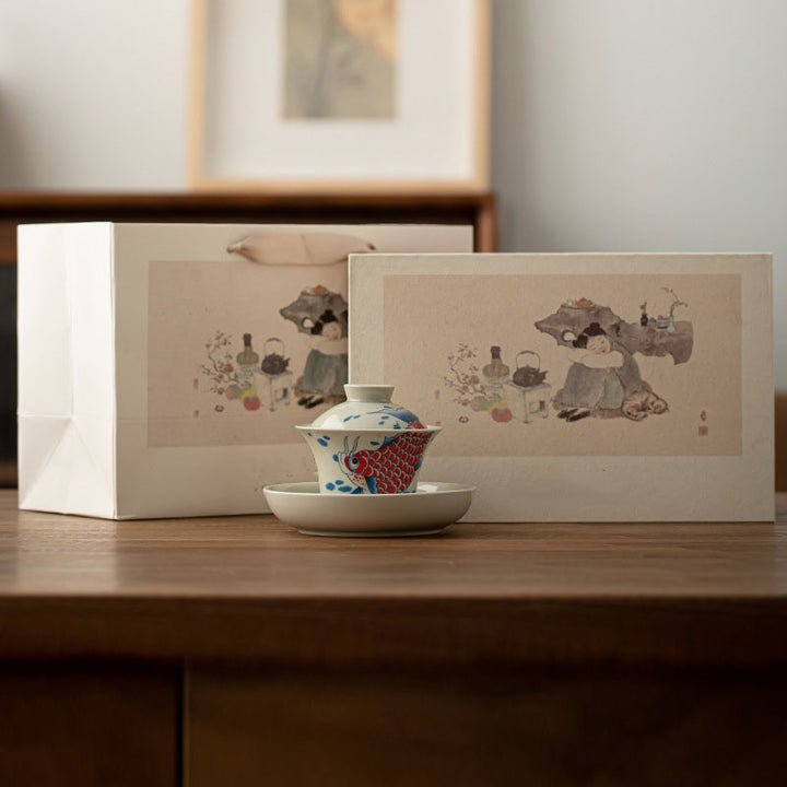 Buddha Stones Keramische Gaiwan Sancai Theekopje met deksel (koivis, arowana) - Rode koivis Gaiwan theekopje 13,5 cm * 9,7 cm * 130 ml (geschenkverpakking) - image 32