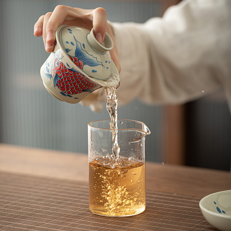 Buddha Stones Keramische Gaiwan Sancai Theekopje met deksel (koivis, arowana) - image 9
