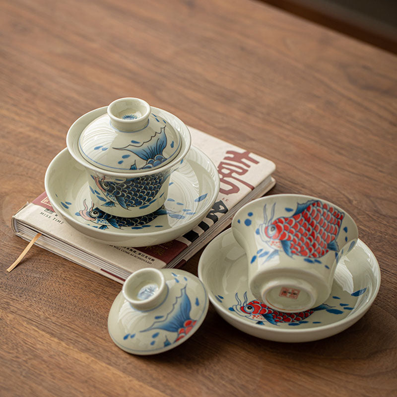 Buddha Stones Keramische Gaiwan Sancai Theekopje met deksel (koivis, arowana) - image 1