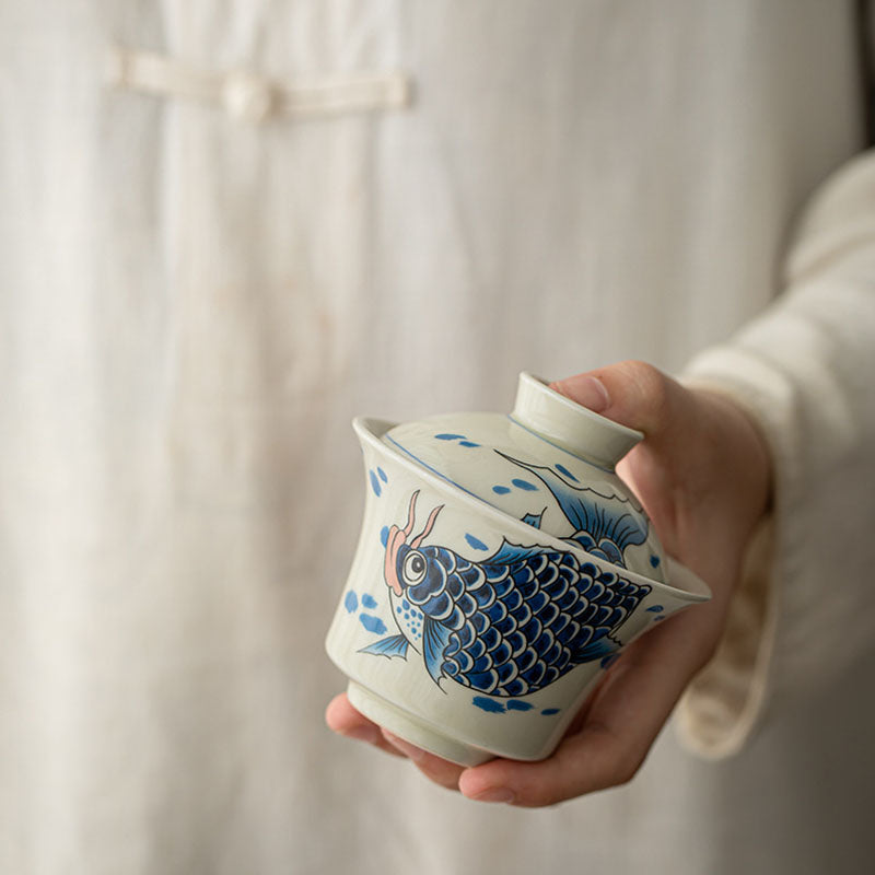 Buddha Stones Keramische Gaiwan Sancai Theekopje met deksel (koivis, arowana) - image 31