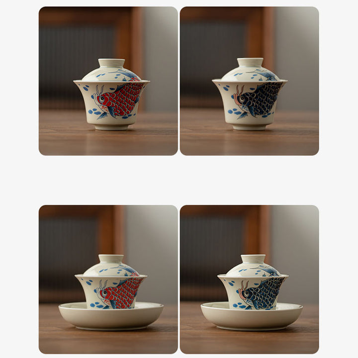 Buddha Stones Keramische Gaiwan Sancai Theekopje met deksel (koivis, arowana) - image 38