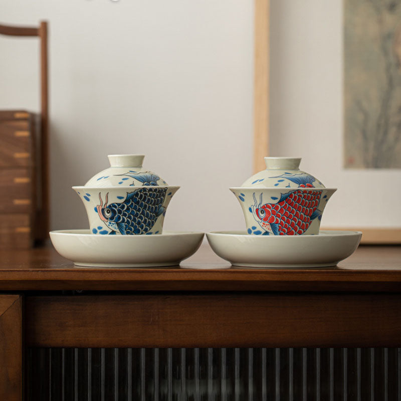 Buddha Stones Keramische Gaiwan Sancai Theekopje met deksel (koivis, arowana) - image 23