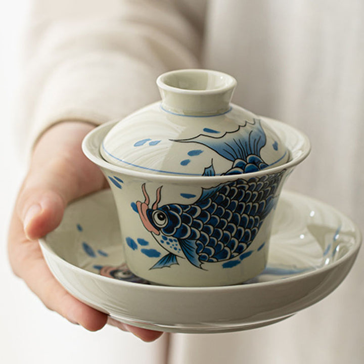 Buddha Stones Keramische Gaiwan Sancai Theekopje met deksel (koivis, arowana) - image 17