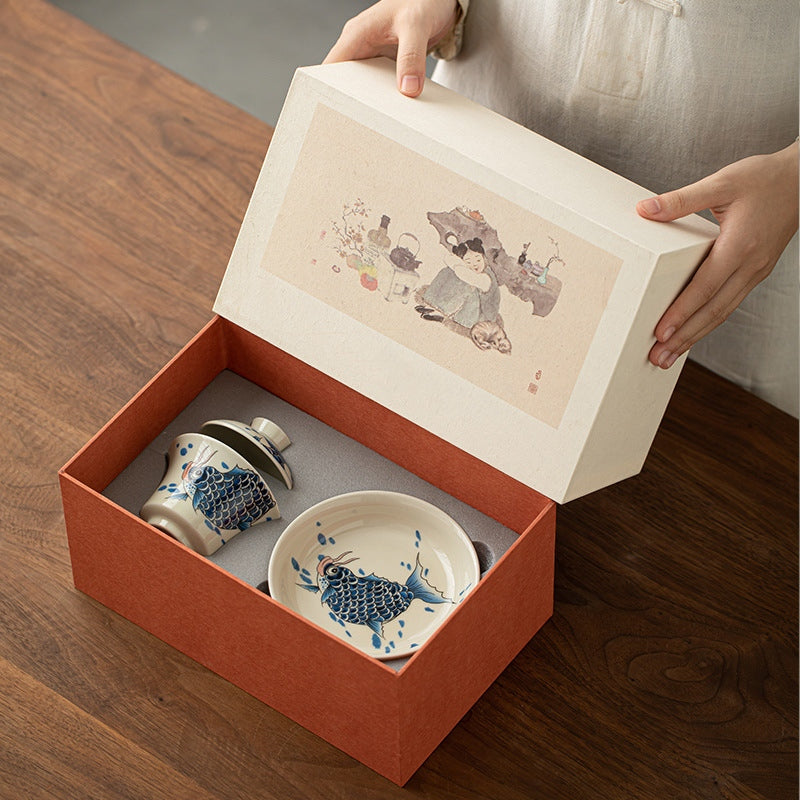 Buddha Stones Keramische Gaiwan Sancai Theekopje met deksel (koivis, arowana) - image 34