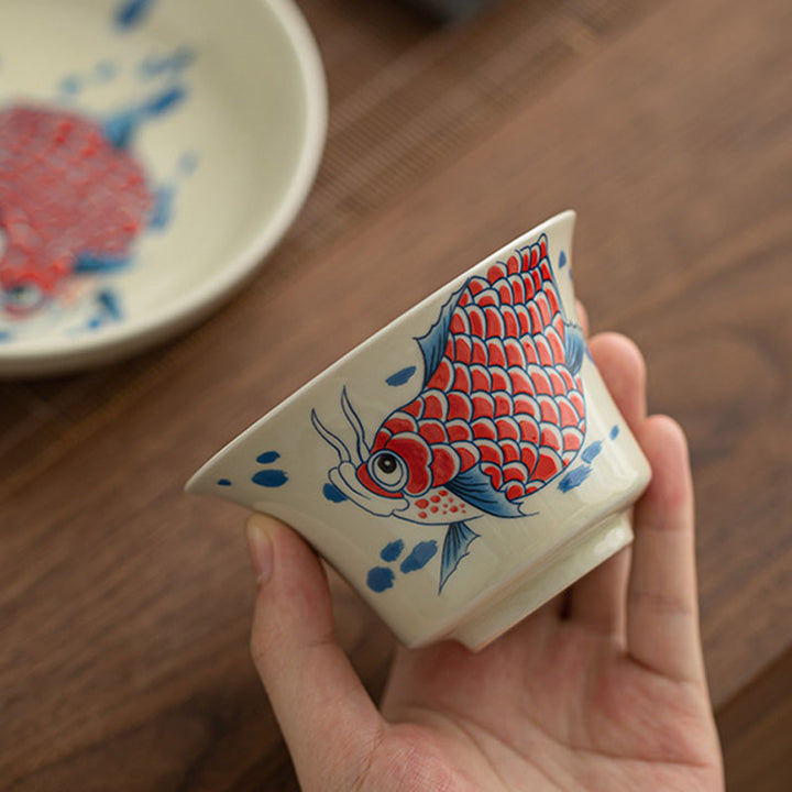 Buddha Stones Keramische Gaiwan Sancai Theekopje met deksel (koivis, arowana) - image 3
