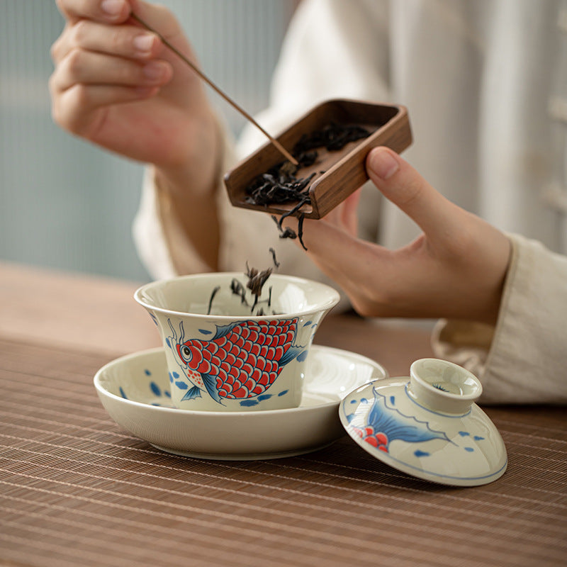 Buddha Stones Keramische Gaiwan Sancai Theekopje met deksel (koivis, arowana) - image 8