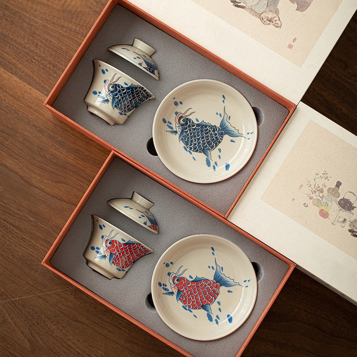 Buddha Stones Keramische Gaiwan Sancai Theekopje met deksel (koivis, arowana) - image 35