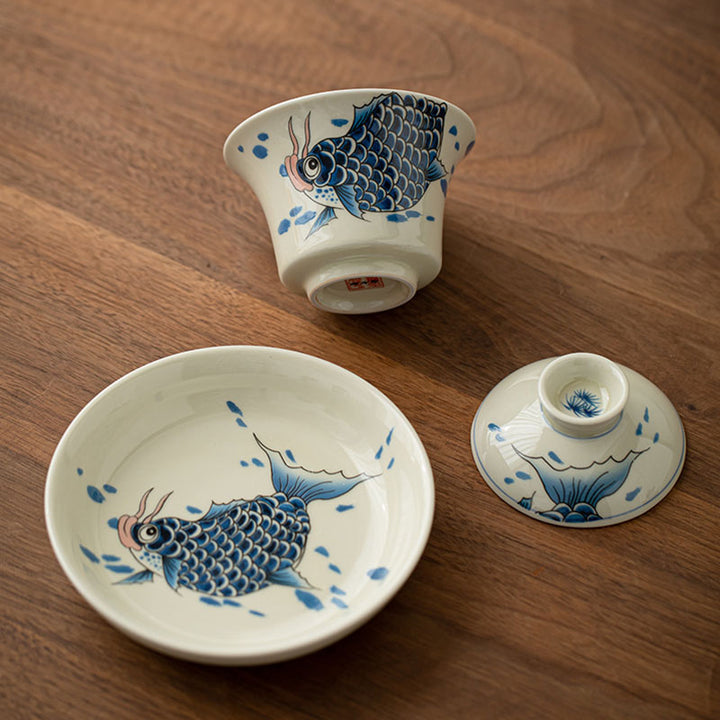 Buddha Stones Keramische Gaiwan Sancai Theekopje met deksel (koivis, arowana) - image 18