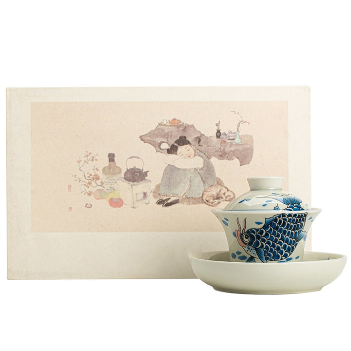 Buddha Stones Keramische Gaiwan Sancai Theekopje met deksel (koivis, arowana) - image 37