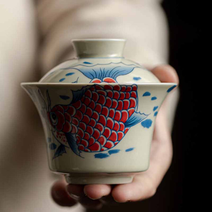 Buddha Stones Keramische Gaiwan Sancai Theekopje met deksel (koivis, arowana) - image 26