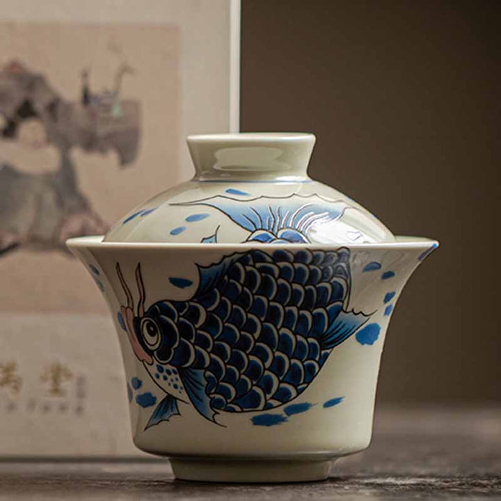 Buddha Stones Keramische Gaiwan Sancai Theekopje met deksel (koivis, arowana) - image 30