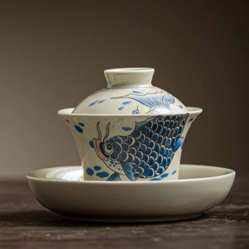 Buddha Stones Keramische Gaiwan Sancai Theekopje met deksel (koivis, arowana) - image 19