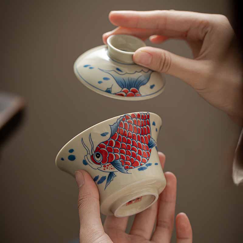 Buddha Stones Keramische Gaiwan Sancai Theekopje met deksel (koivis, arowana) - image 27