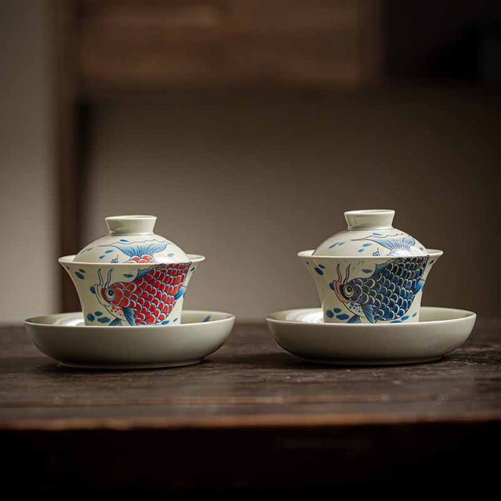 Buddha Stones Keramische Gaiwan Sancai Theekopje met deksel (koivis, arowana) - image 24