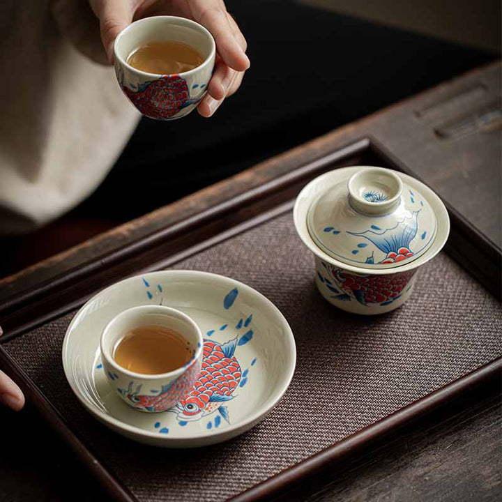 Buddha Stones Keramische Gaiwan Sancai Theekopje met deksel (koivis, arowana) - image 11