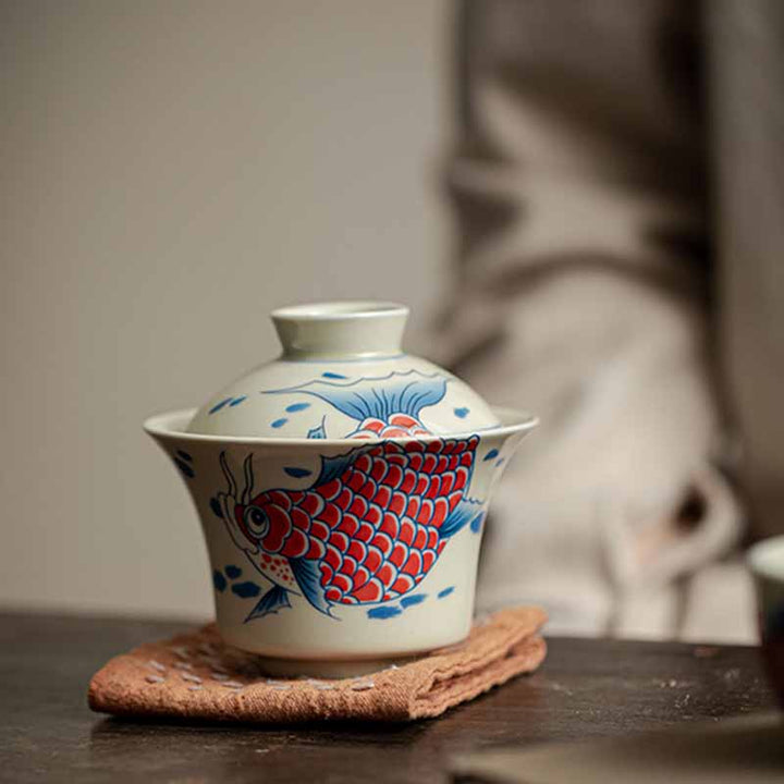Buddha Stones Keramische Gaiwan Sancai Theekopje met deksel (koivis, arowana) - image 28