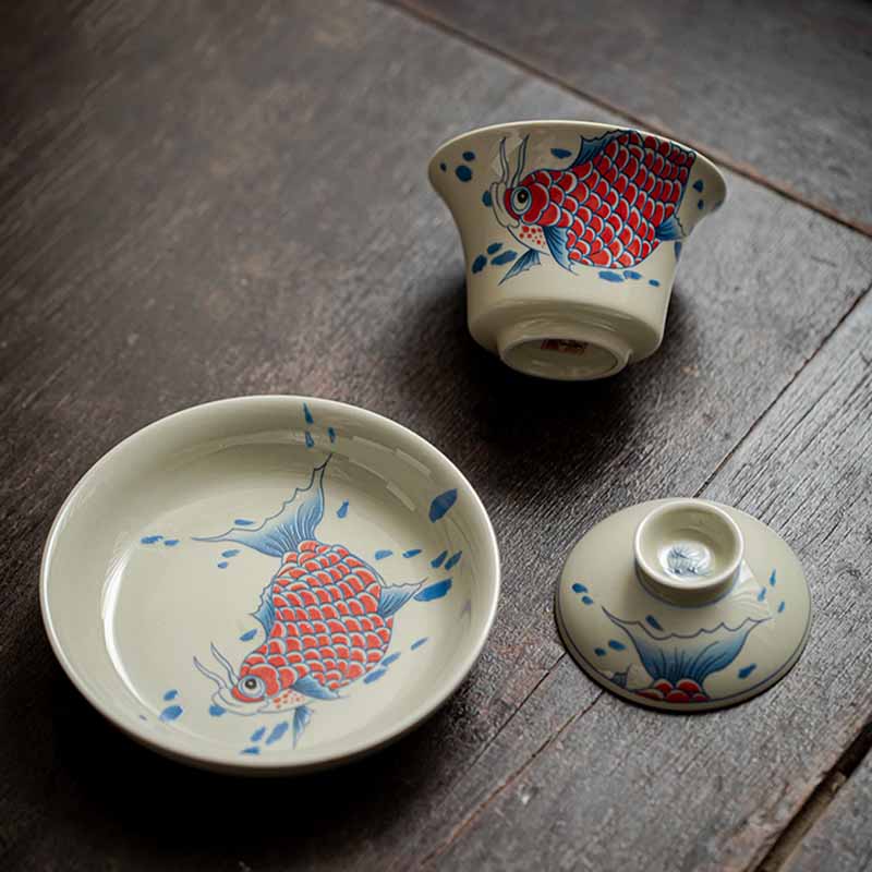 Buddha Stones Keramische Gaiwan Sancai Theekopje met deksel (koivis, arowana) - image 5