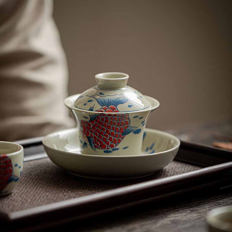 Buddha Stones Keramische Gaiwan Sancai Theekopje met deksel (koivis, arowana) - image 13