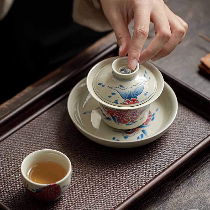 Buddha Stones Keramische Gaiwan Sancai Theekopje met deksel (koivis, arowana) - image 14