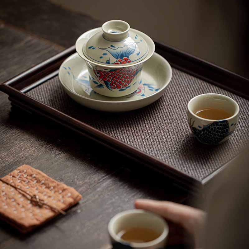 Buddha Stones Keramische Gaiwan Sancai Theekopje met deksel (koivis, arowana) - image 12