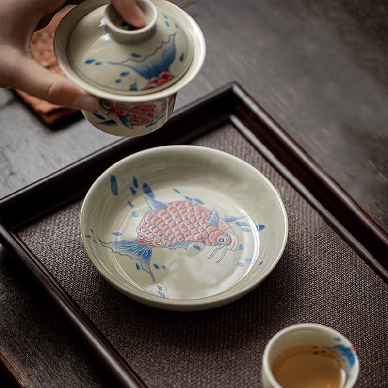Buddha Stones Keramische Gaiwan Sancai Theekopje met deksel (koivis, arowana) - image 7