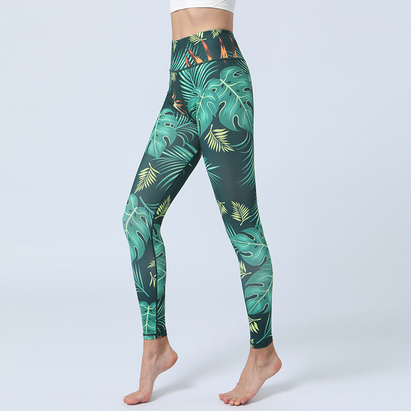 Buddha Stones Broek met bladerenprint, sportieve fitness- en yogalegging met hoge Taille , yogabroek voor dames - Groene bladeren - US8-10, UK/AU12-14, EU40-42 (XL)  - image 0