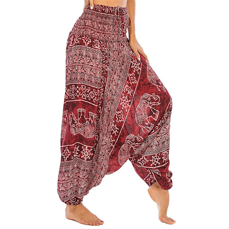 Buddha Stones Twee stijlvolle jumpsuits met olifantenprint, losse, geplooide harembroek en yogabroek voor dames - Rode Olifant - US2-12, UK/AU6-16, EU34-44 (F) - image 0