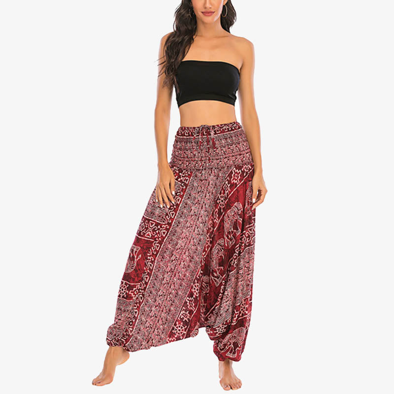 Buddha Stones Twee stijlvolle jumpsuits met olifantenprint, losse, geplooide harembroek en yogabroek voor dames - image 1