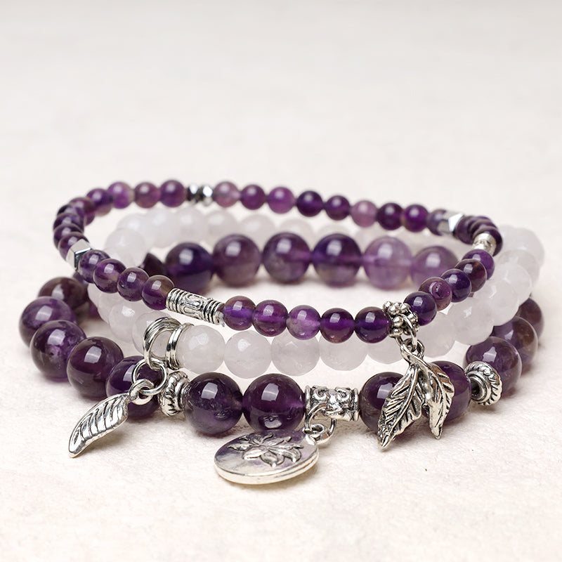 Buddha Stones 3-delige Armband met kralen van natuurlijke kwartskristallen en helende energie in de vorm van een lotusbloem - Amethist - image 0