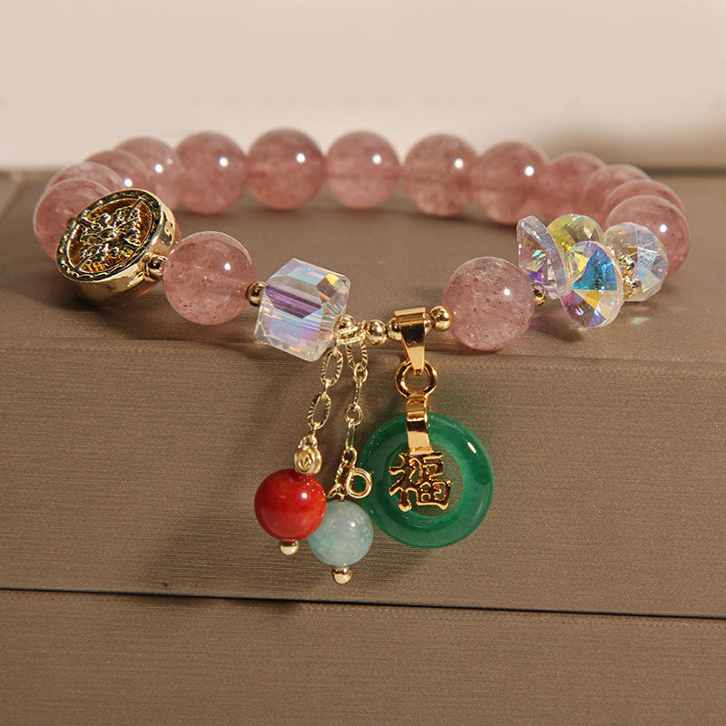 Buddha Stones Aardbeikwarts Jade Fu Karakter Bedeltje Helende Armband - Aardbeikwarts (Polsomtrek 14-16 cm) - image 0