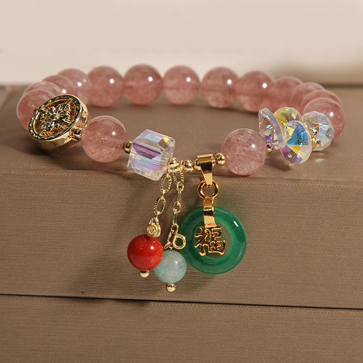 Buddha Stones Aardbeikwarts Jade Fu Karakter Bedeltje Helende Armband - Aardbeikwarts (Polsomtrek 14-16 cm) - image 0