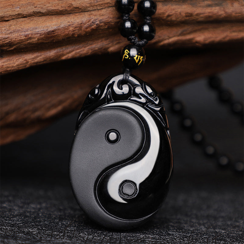 Buddha Stones Natuurlijke zwarte obsidiaan Yin Yang Vervulling Kracht Ketting - image 1