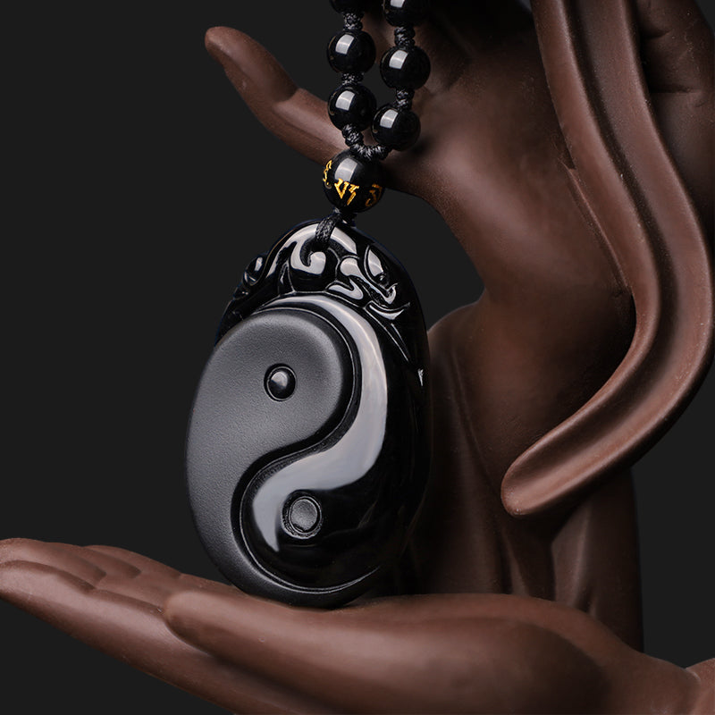 Buddha Stones Natuurlijke zwarte obsidiaan Yin Yang Vervulling Kracht Ketting - image 3