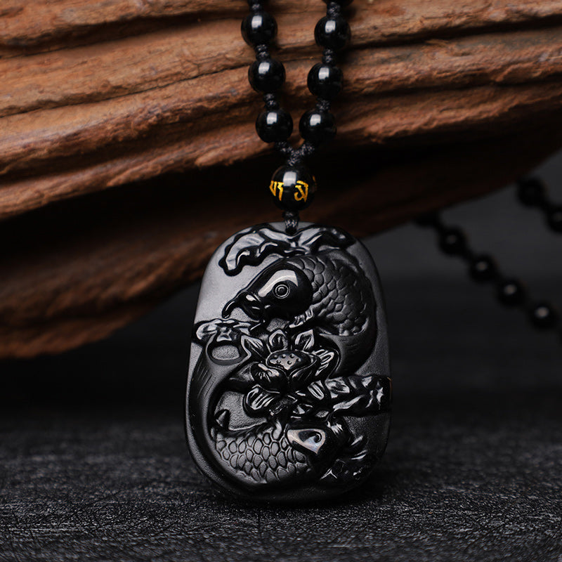 Buddha Stones Natuurlijke zwarte obsidiaan koi vis lotus kracht kralen Ketting hanger - image 1
