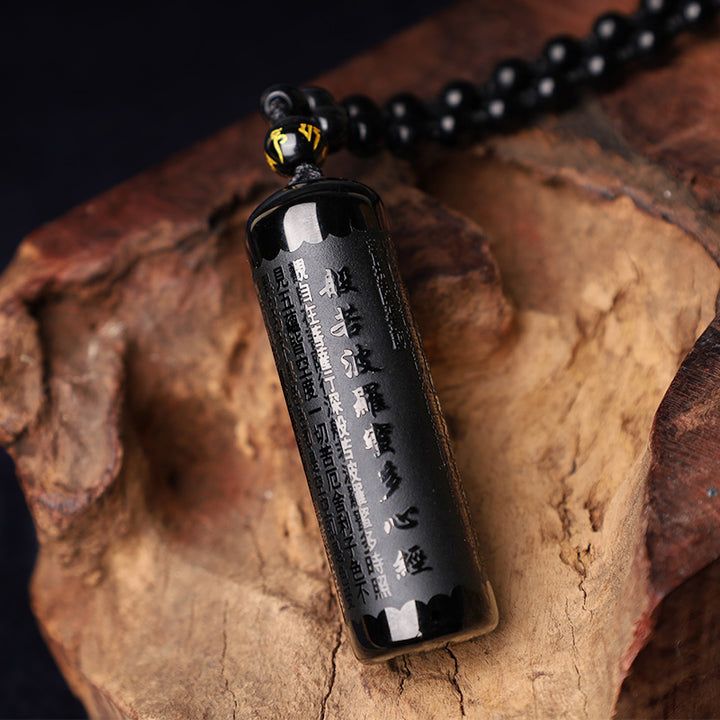 Buddha Stones Natuurlijke zwarte obsidiaan hartvormige sutra Ketting - image 3