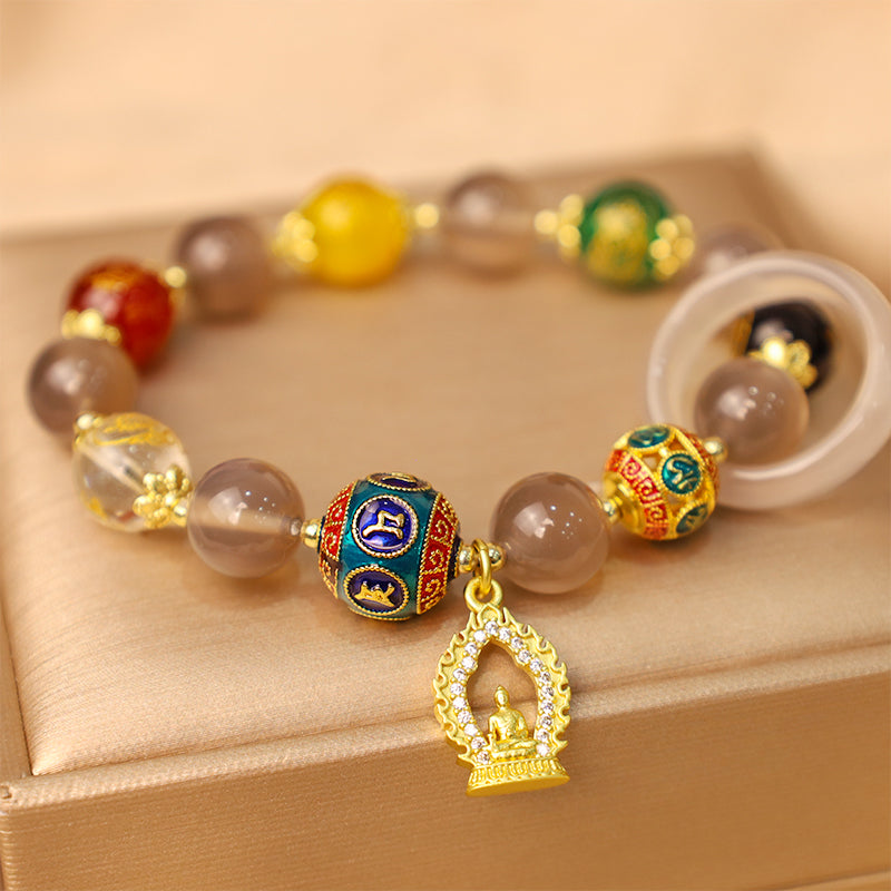 Buddha Stones Natuurlijke grijze agaat Armband met bedeltje van de vijf windrichtingen en de goden van rijkdom : Om Mani Padme Hum. - Grijze agaat (Focus♥Positiviteit) (Polsomtrek 14-16 cm) - image 0