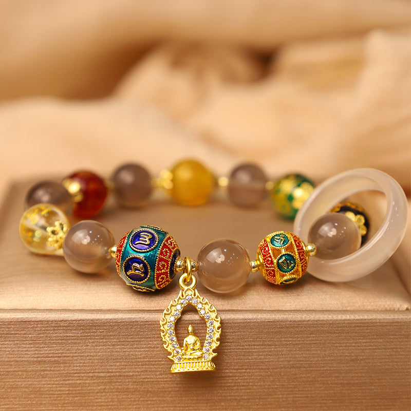 Buddha Stones Natuurlijke grijze agaat Armband met bedeltje van de vijf windrichtingen en de goden van rijkdom : Om Mani Padme Hum. - image 1