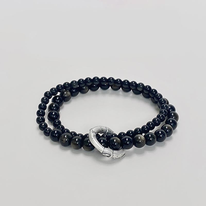 Buddha Stones 999 Sterling Zilveren Armband met Zwarte Obsidiaan en Dubbele Laag - Zwarte obsidiaan (Polsomtrek 14-16 cm) - image 0