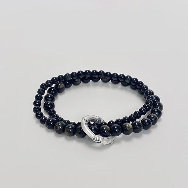 Buddha Stones 999 Sterling Zilveren Armband met Zwarte Obsidiaan en Dubbele Laag - Zwarte obsidiaan (Polsomtrek 14-16 cm) - image 0