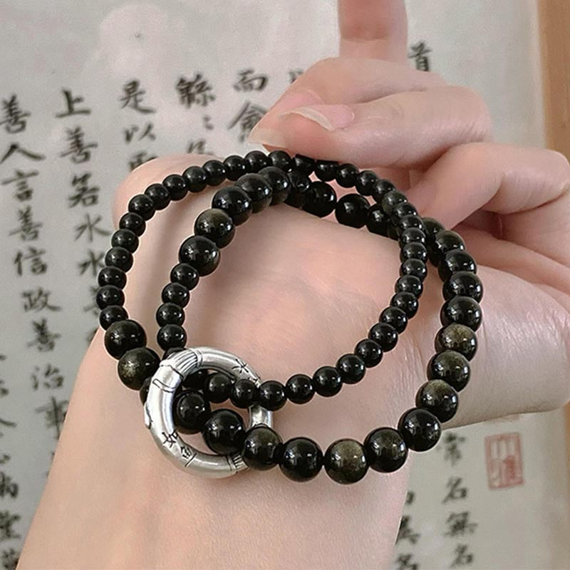 Buddha Stones 999 Sterling Zilveren Armband met Zwarte Obsidiaan en Dubbele Laag - image 1