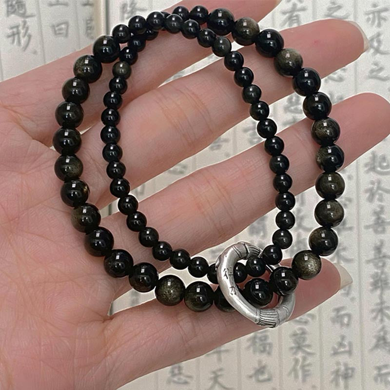 Buddha Stones 999 Sterling Zilveren Armband met Zwarte Obsidiaan en Dubbele Laag - image 2