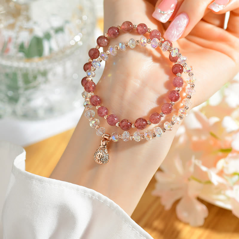 Buddha Stones Aardbeikwarts witte kristallen geldzakje bedeltje positieve Armband - Strawberry Quartz dubbele wikkelarmband (Polsomtrek 14-16 cm) - image 0